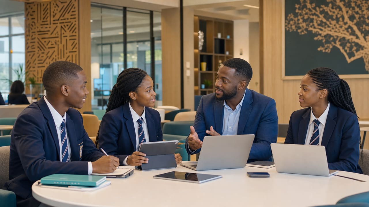 Batswana students working with an academic mentor in a modern student advancement center
