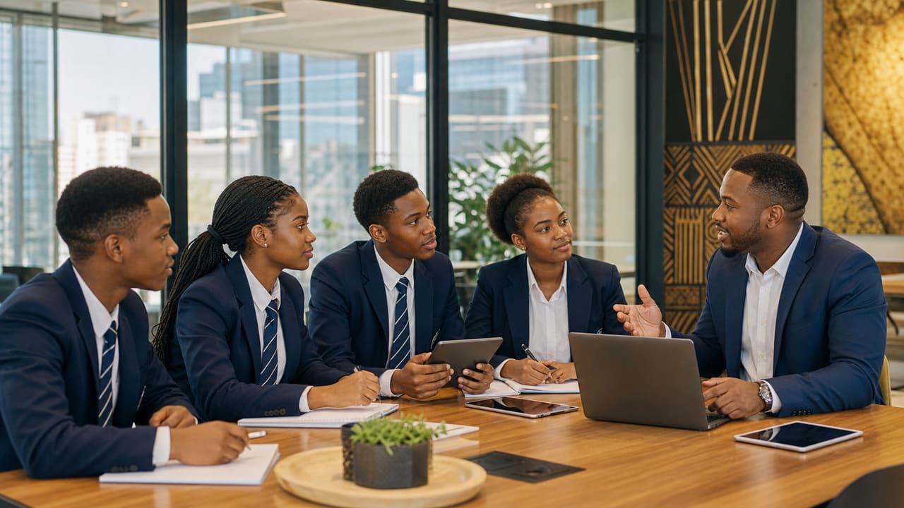 Batswana senior students engaging with a professional mentor in a modern workplace