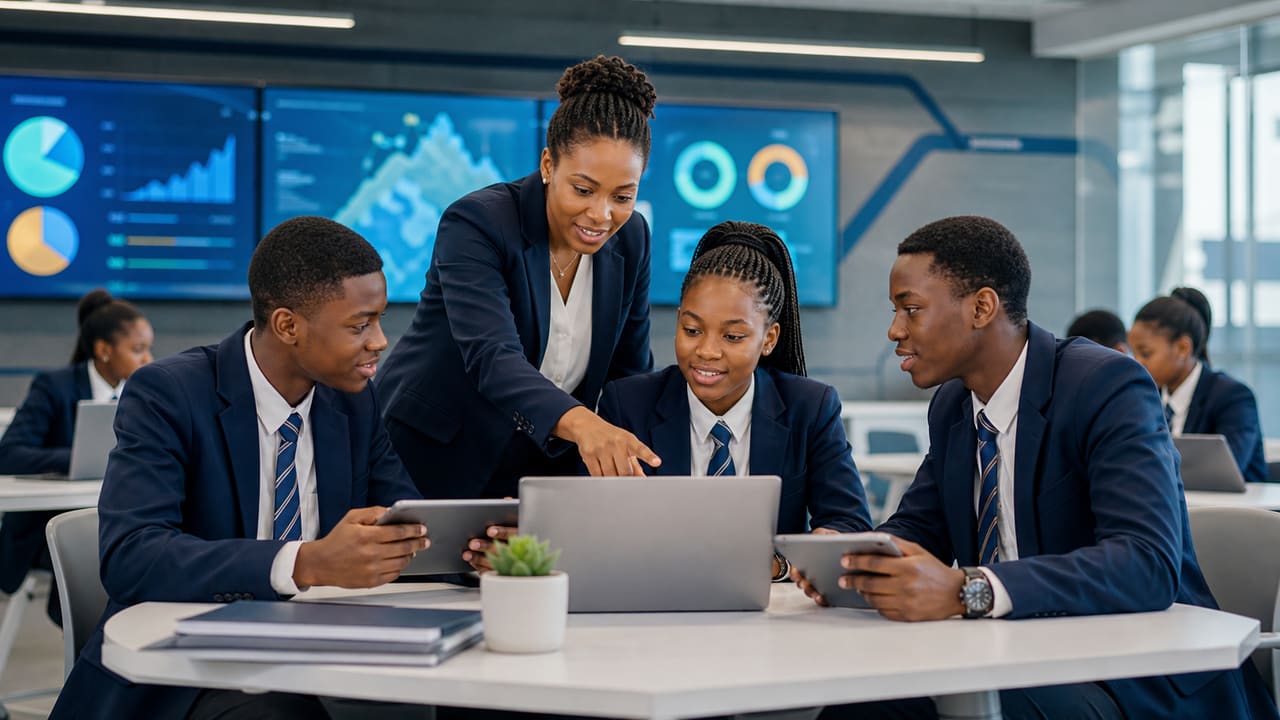 Batswana students and an educator reviewing digital performance data in a learning lab